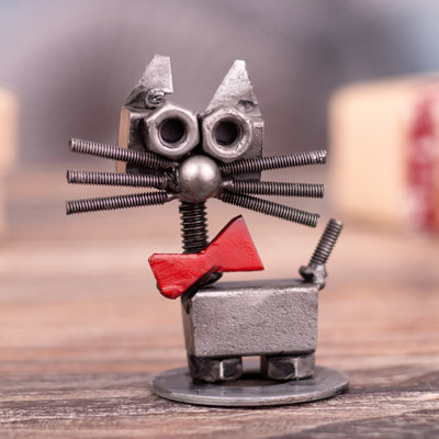 Novica Handmade Bow Tie Cat Recycled Metal Figurine