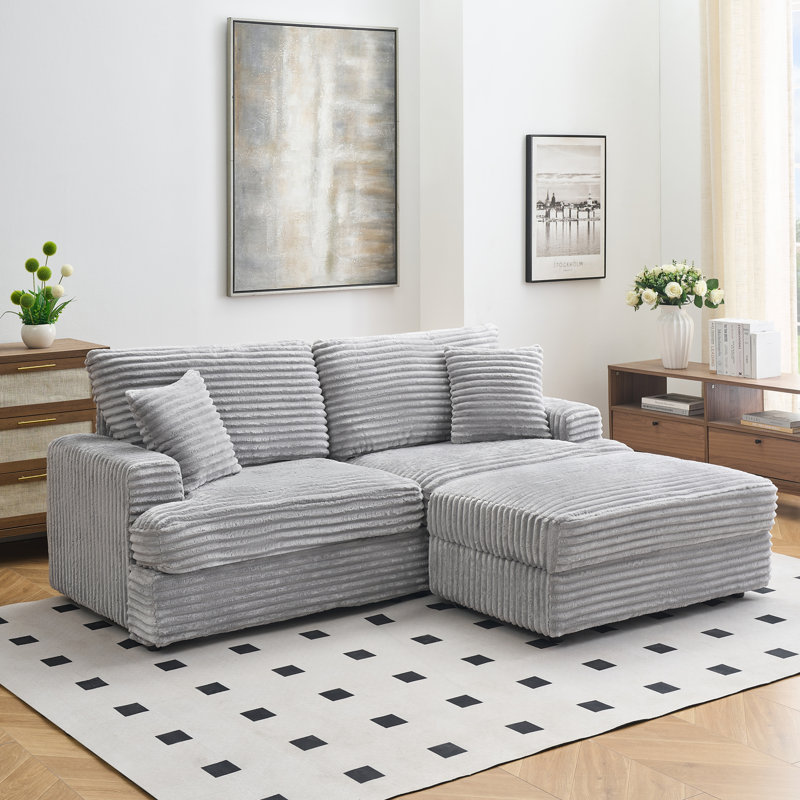 Canapé 88,58 pouces en velours côtelé gris avec un seul pied de rangement et quatre coussins, doux et élégant pour le salon et le bureau