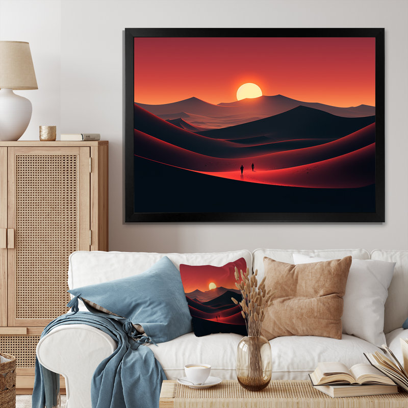 Marcher dans le désert du Sahara au coucher du soleil I - désert, art mural, Cadre d'angle fermé noir