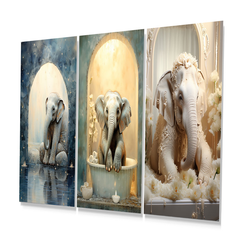 Éléphant de salle de bain - Ensemble de 3 décorations murales en métal pour salle de bain, H 28 po x l 36 po