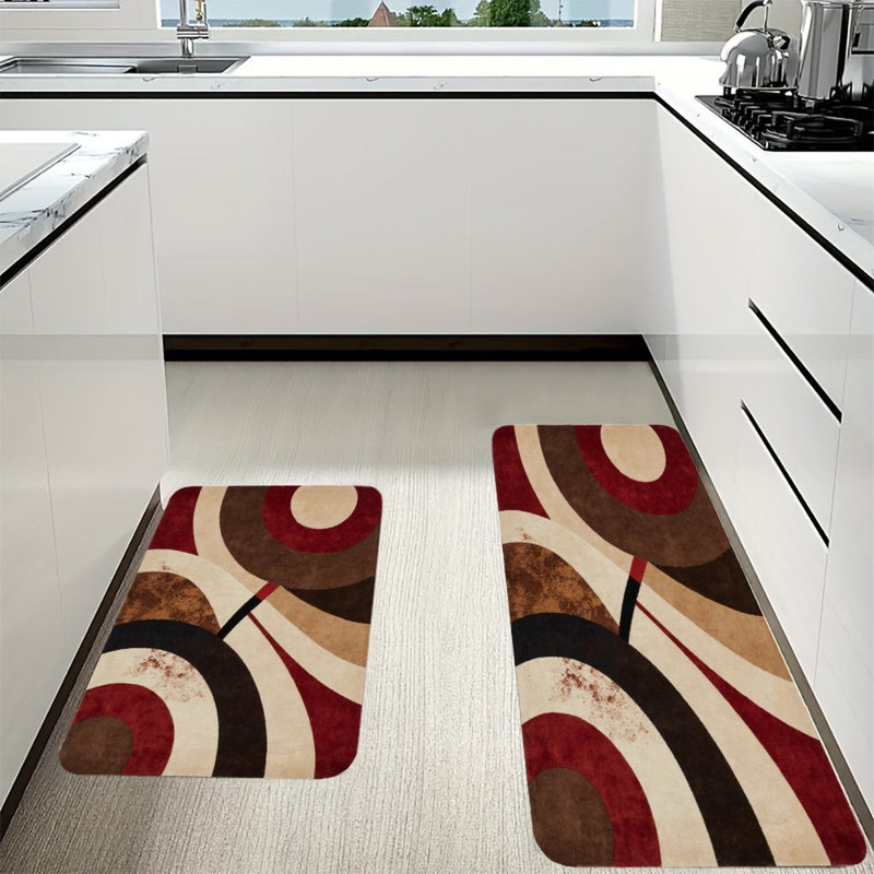 Ensemble de 2 tapis de cuisine courbés géométriques courbés, Formes géométriques brunes / rouges