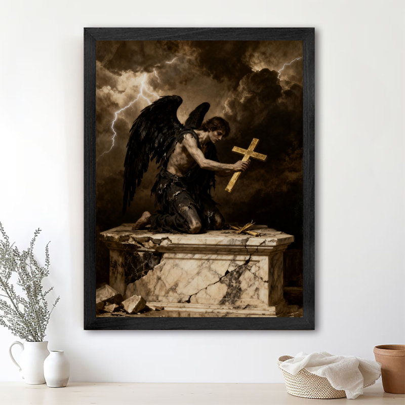 Reproduction d'art encadrée noire, ange ailé noir, H 37 po x l 25 po
