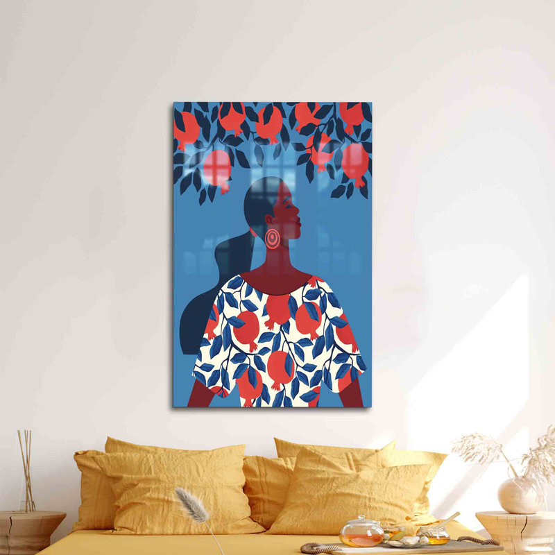 Décoration murale abstraite femme en verre trempé avec une grenade dans un style créatif d'art mural, H 70,9 po x l 47,2 po