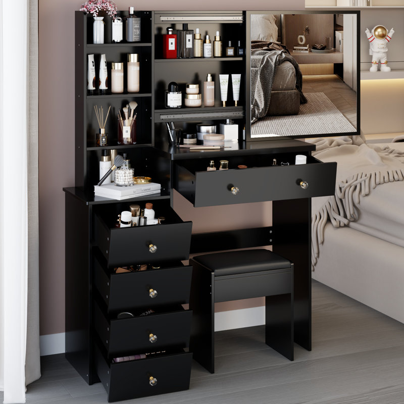 37-Inch Bedside Cabinet Vanity Table With Cushioned Stool, 24"X22" Sliding Mirror, High Capacity Storage, American Design, Black For Middle Rooms Middle