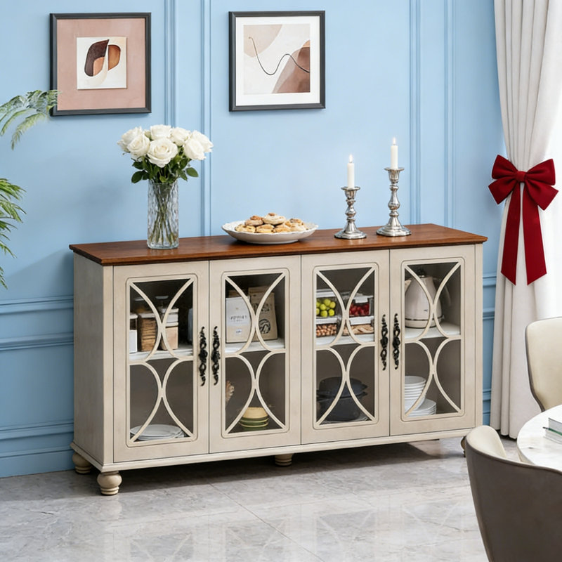 Armoire de rangement élégante avec portes en verre trempé, Beige