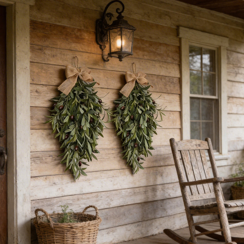 Paquet de 2: couronne artificielle 23,6 po à motif de gouttes en forme de larme pour porte d'entrée - décoration murale en fausse verdure entièrement ajustable et résistante aux rayons UV faite à la main avec nœud en toile de jute - Farmhouse