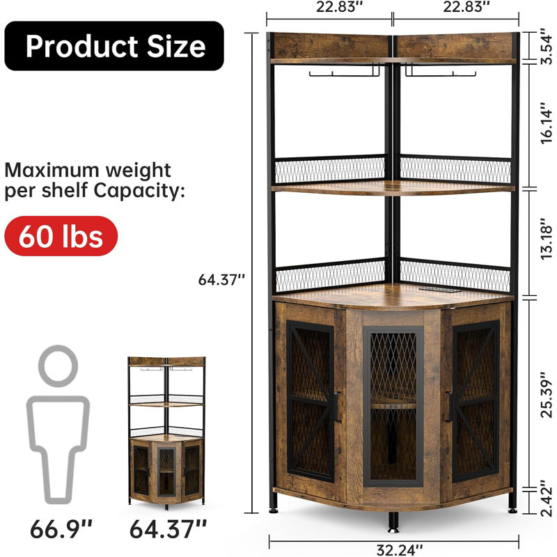 Corner Bar Cabinet With Power Outlet And LED Light