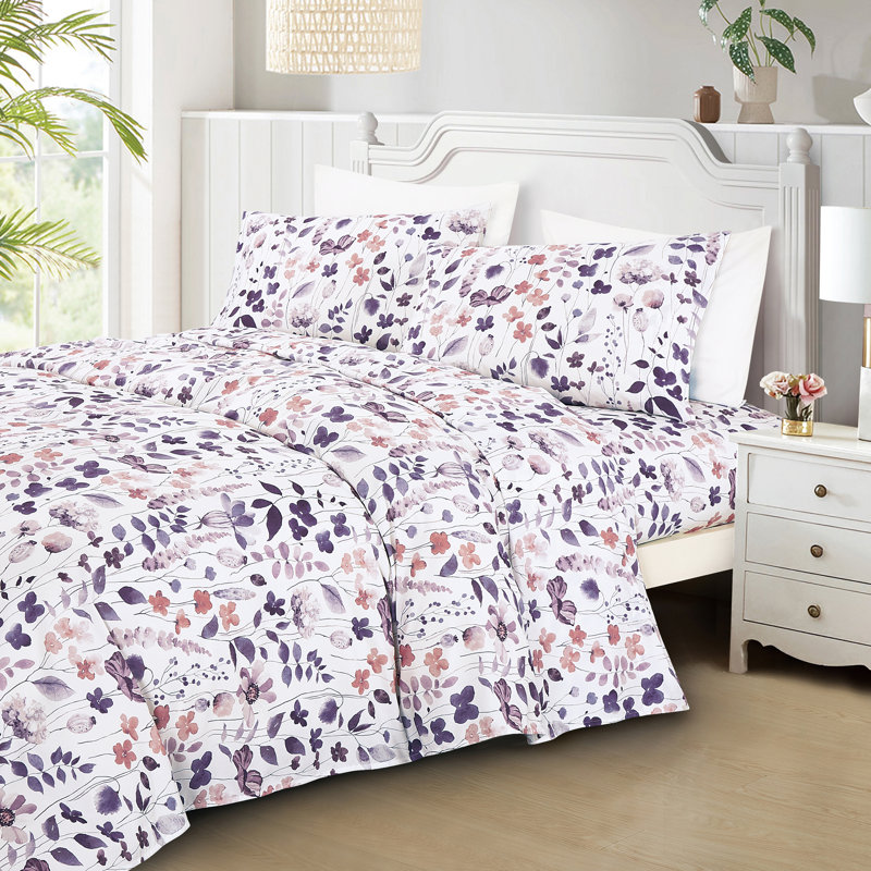 Floral Printed Sheet Set, King Sheet Set with 2 Pillowcases, Purple Floral
