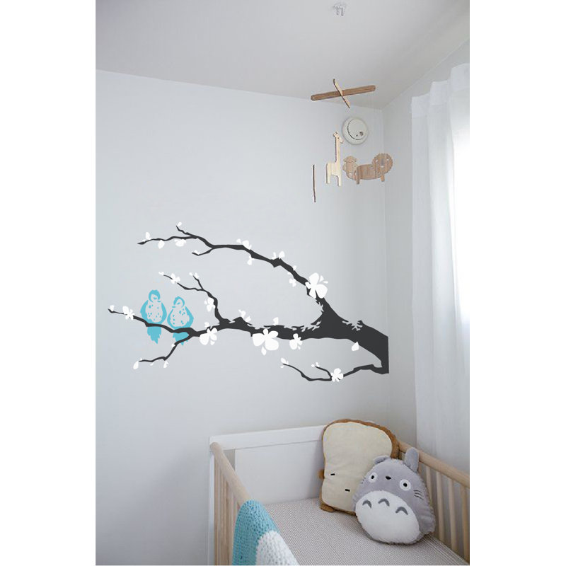 Décalcomanie murale branche arbre love oiseaux, Blanc/bleu, H 21 po x l 40 po x P 0,01 po