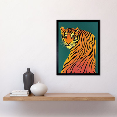 Modern Tiger Portrait On Teal Orange - Single Picture Frame Print