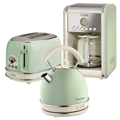 Ariete Vintage 1.7L Stainless Steel Dome Kettle with 2 Slice Toaster and 12 Cup Coffee Machine Set