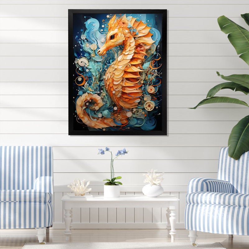 Hippocampe orange et bleu Symphony 1, H 32 po x l 16 po x P 1 po, Cadre flottant doré