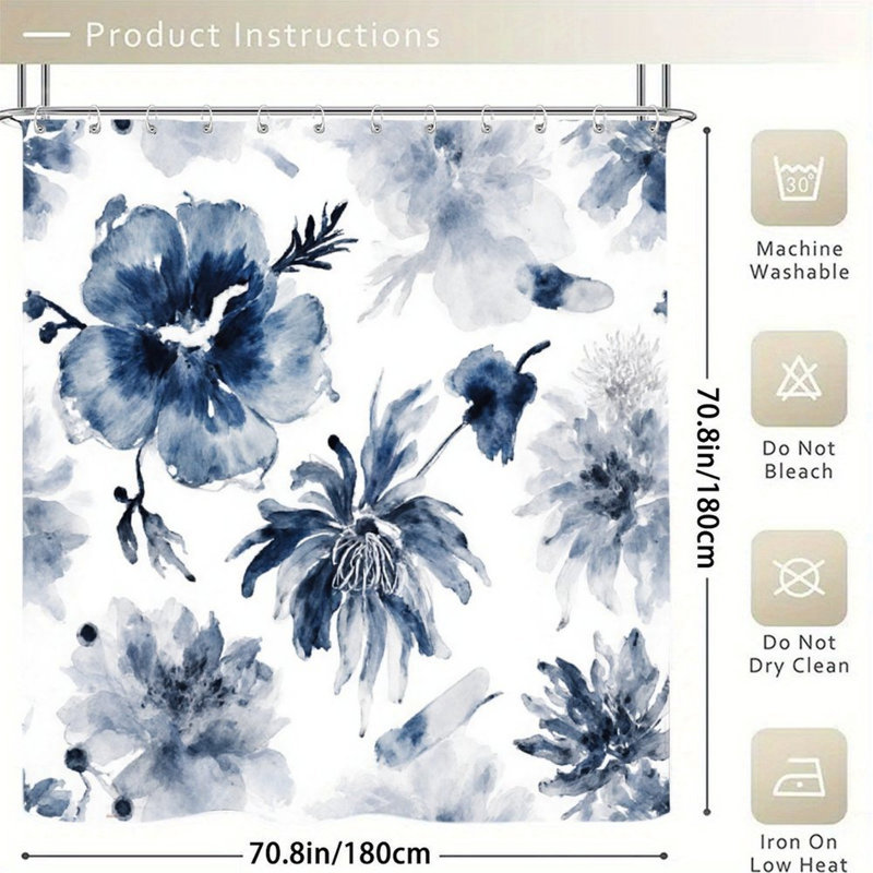 Rideau de douche aquarelle bleu à motif floral L 72 po x l 72 po