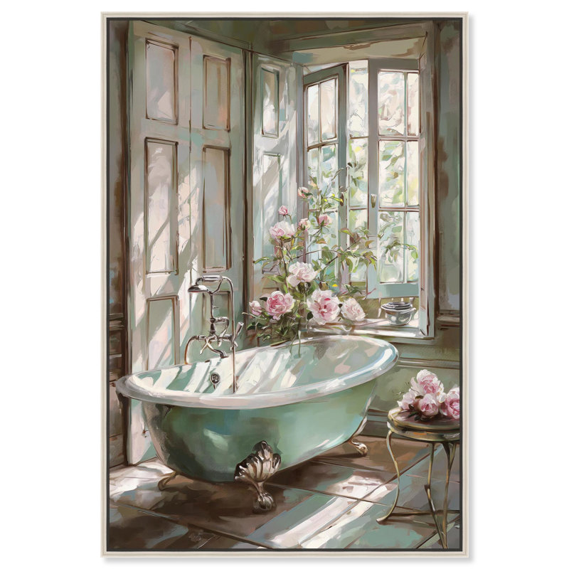 «Spring Bliss Bathroom Canvas Farmhouse» par Art Remedy, Cadre argenté, H 31 po x l 21 po