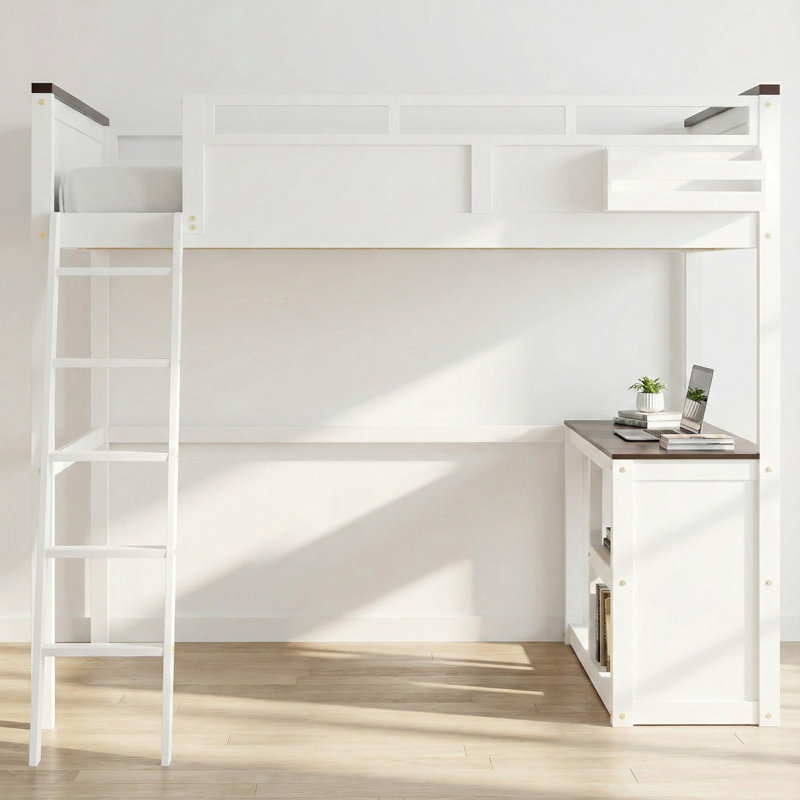 Queen Loft Bed With Built-in Desk, Usb Charging Station & Storage Box – Multi-functional Raised Bed For Small Spaces & Dorms