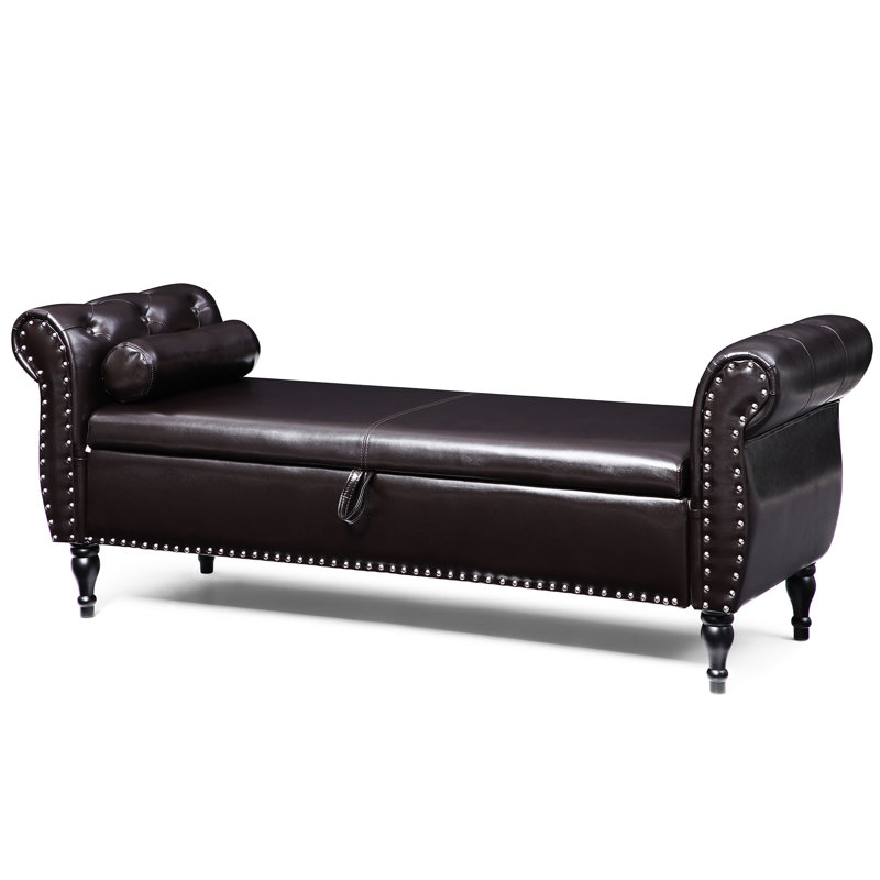 Banc de rangement en tissu d'ameublement Pu avec une conception simple, 63 po de longueur, boutons, garniture cloutée, pieds en bois massif, revêtement de chambre de bébé rectangulaire brun
