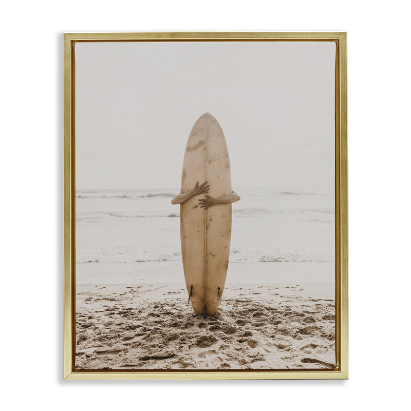 «Surf Ready Board», art mural encadré flottant par LSR Design Studio, H 21 po x l 17 po, Cadre flottant métallique doré