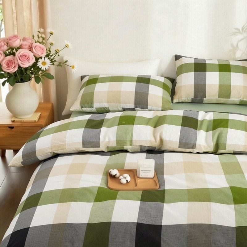 Ensemble de housse de couette à carreaux verts XINMIANFANG, ensemble de literie à carreaux 100% coton délavé avec fermeture à glissière et attaches