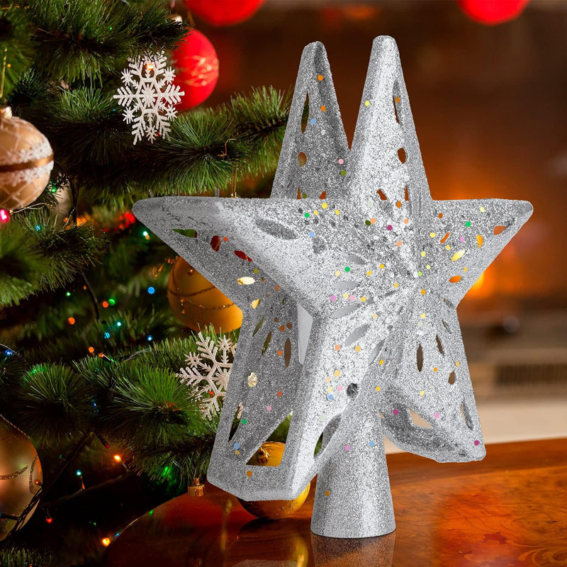 Décoration pour sommet de sapin de Noël éclairé avec 6 glissières de projection, décoration pour sommet de sapin étoile de Noël éclairée à DEL avec paillettes illuminées pour décorations de Noël (argent)