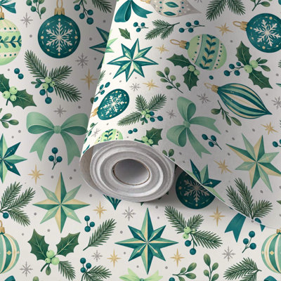 Papier peint adhésif décoratif vert à motifs de sapin et ornements de Noël vintage, facile à poser et à retirer. Idéal pour les locataires, à faire soi-même, pour chambre, salon, cuisine, salle de bain ou mur d'accent.