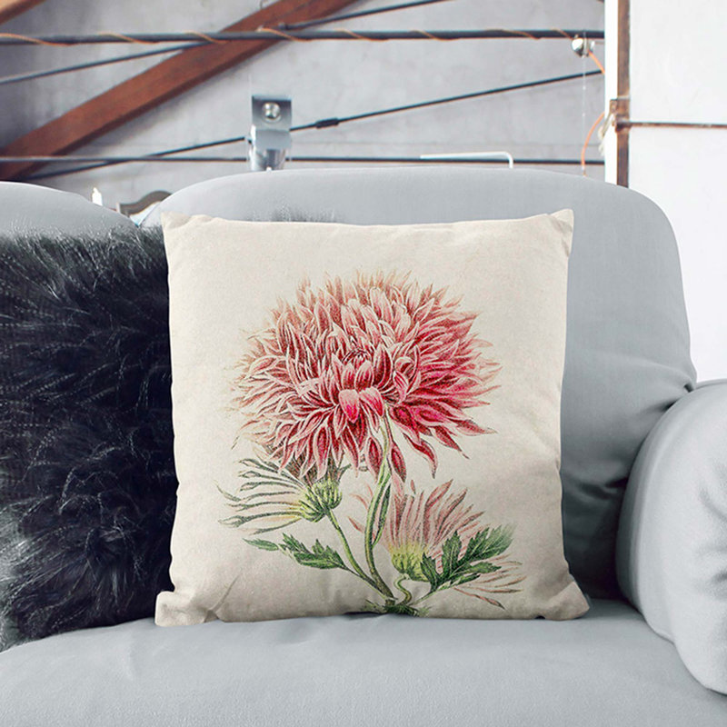 Illustration of Pink Chrysanthemums Cushion with Filling, White, 40cm H x 40cm W x 15cm D
