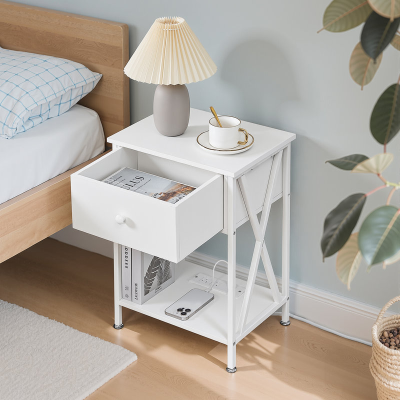 Industrial White Nightstand with Charging Station, Rustic Bedside Table, Individual, White