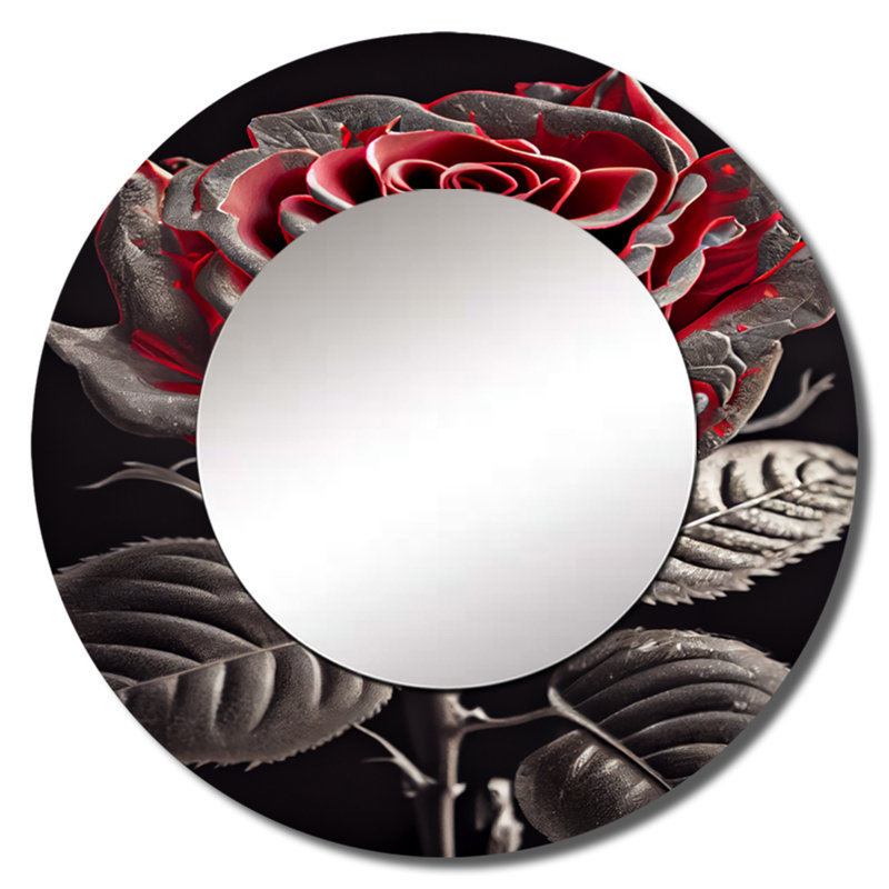 Shaelen Blossoming Rose en rouge et gris I - miroir mural décoratif floral, grand miroir rond traditionnel, impression d'art en métal