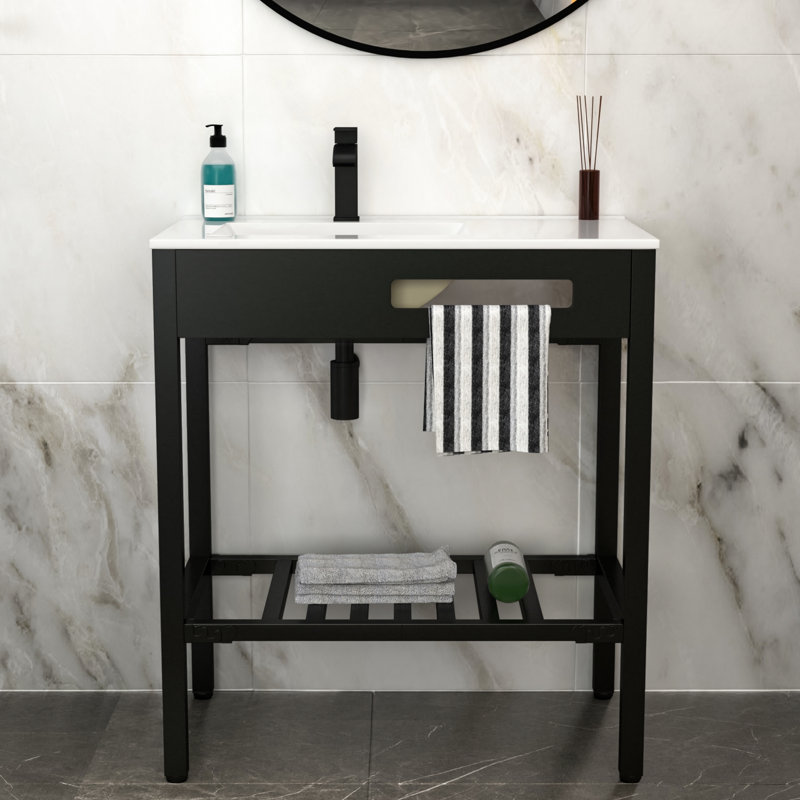 Lavabo de salle de bain mural 32 "x 18,5" avec trop-plein, pieds de support en acier inoxydable noir 304, hygiénique et facile à nettoyer, teinture compatible avec plusieurs environnements, installation