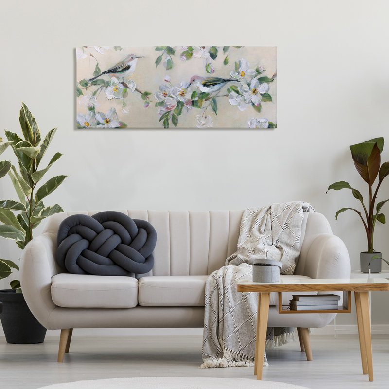 Art mural sur toile perché avec oiseaux chanteurs sur des branches, design par Sally Swatland, H 20 po x l 48 po