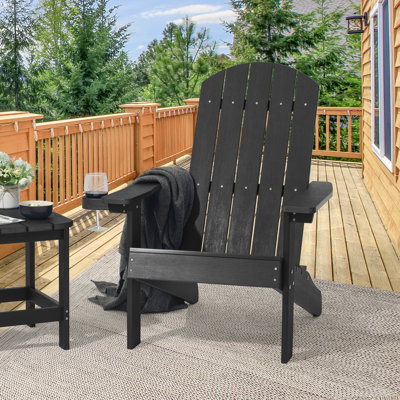 Patio Adirondack Single Chair w/Cupholder Outdoor Chair for Fire Pit, Polywood Plastic Weather-Resistant Recliner by Highland Dunes