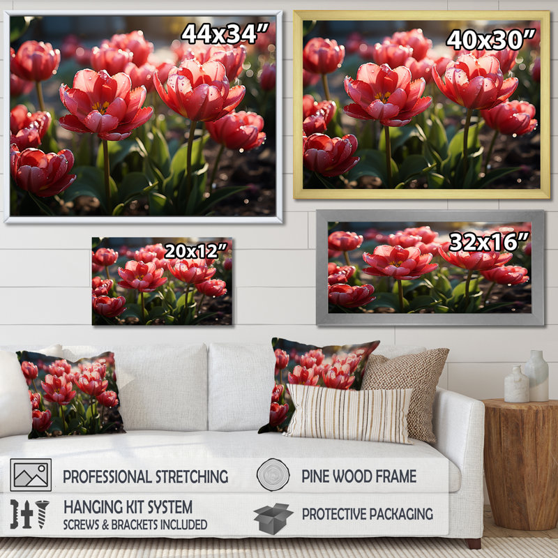 «Crimson Red Tulips Sway In A Sunlit Garden» sur toile, Cadre simple argenté, H 34 po x l 44 po x P 1,5 po