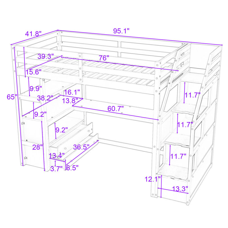 Finck Wooden Loft Bed with Desk,Staircase and Shelves, White, Twin