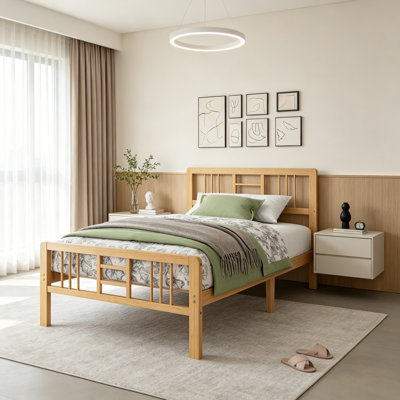 Structure de lit plateforme simple en bambou de 14 pouces avec tête de lit et support à lattes en métal, aucun sommier requis, assemblage facile