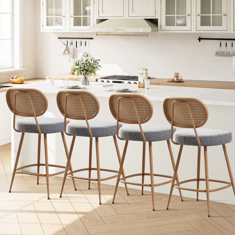 26" Modern Counter Height Stools with Rattan Backrest, Gray