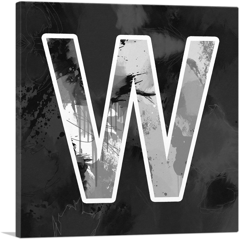 Art moderne noir et blanc, lettre W - reproduction d'art textuel sur toile tendue, H 18 po x l 18 po x P 0,75 po