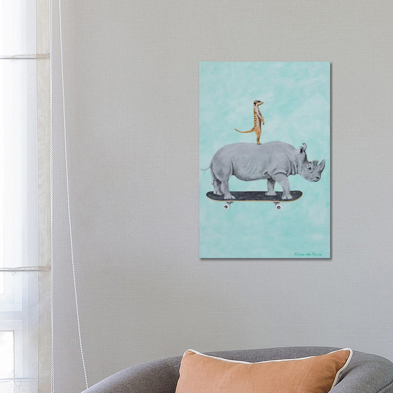 Rhinocéros et suricate planche à roulettes par Coco de Paris - impression sur toile tendue, H 26 po x l 18 po x P 1,5 po