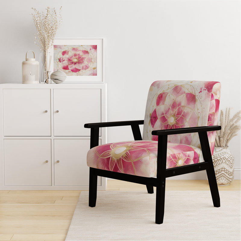 Chaise d'appoint Boho Mandala - Mandala rose - Fauteuil Boho Glam Bloom, Accoudoirs carrés noirs