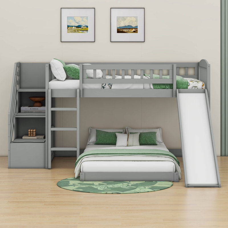 Stairway Twin Over Twin Bunk Bed With Two Drawers And Slide, Grey