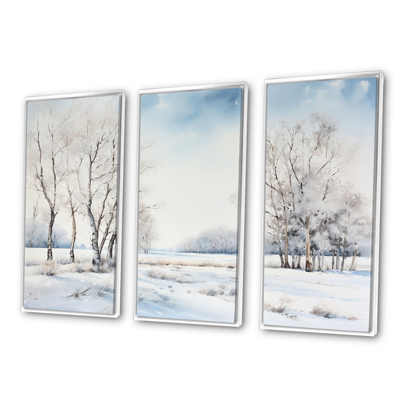 Neige, hiver, minimalisme, paysage I - ensemble d'art mural neige, H 28 po x l 36 po x P 1 po, Cadre flottant blanc