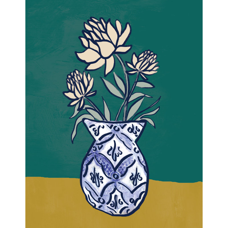 Fleurs beiges avec vase à motif - reproduction d'art sur toile tendue, H 30 po x l 20 po