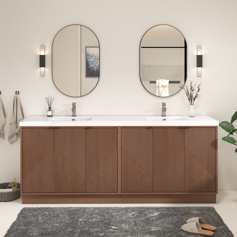 Meuble-lavabo autoportant de 83,8 po avec double lavabo en acrylique renforcé Monterey, Noyer