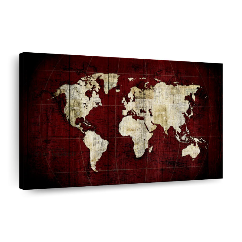 " White On Red World Map " by Jorge S, 8" H x 12" W x 1" D