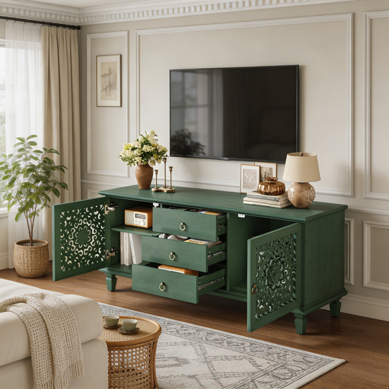 Vintage Sideboard Buffet Storage Cabinet with 3 Drawers & Adjustable Shelves, Antique Green