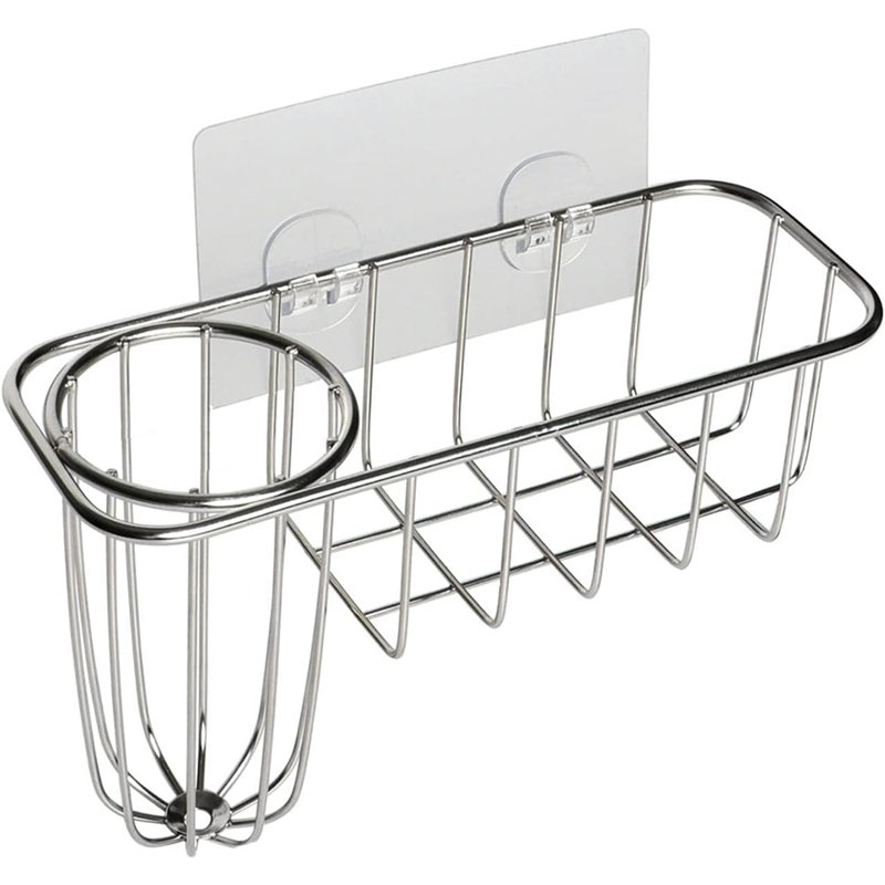 Porte-éponge 3 en 1 pour évier de cuisine avec porte-brosse à vaisselle, chariot en acier inoxydable pour savon, laveur, sans perceuse et antirouille, argent