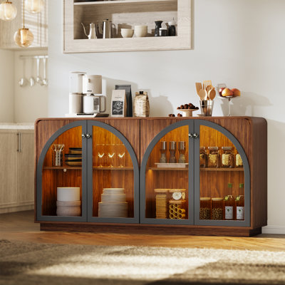 68" Sideboard Buffet Cabinet With 4  Arched Glass Doors Storage, for Kitchen Dining room, Liquor Coffee Bar Cabinet W/LED Light, Walnut