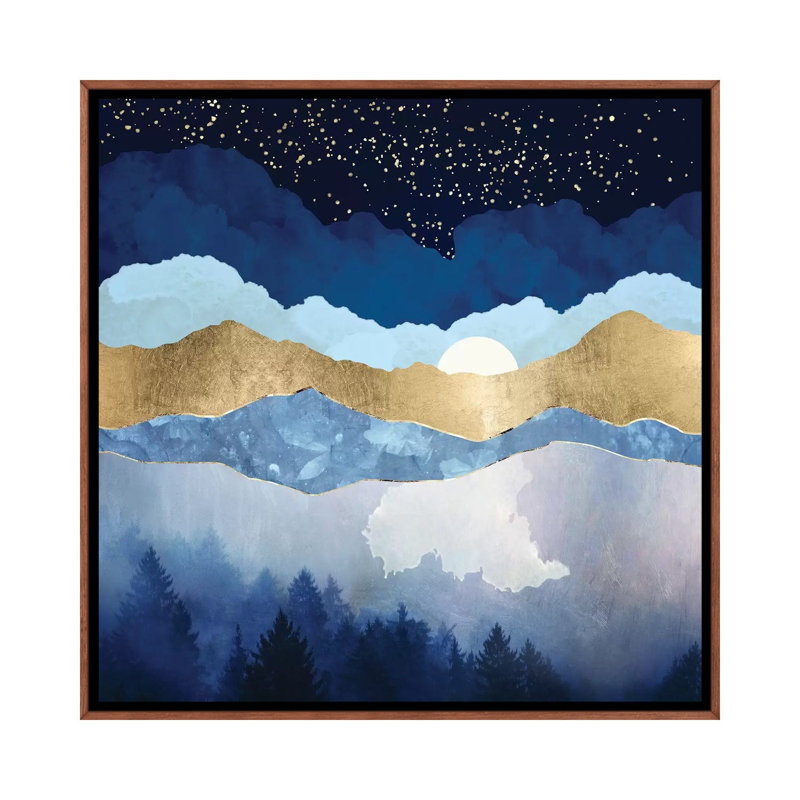 Forêt de minuit - impression, Pas de tapis, H 18 po x l 18 po x 1,5 po, Toile avec cadre en bois brun classique