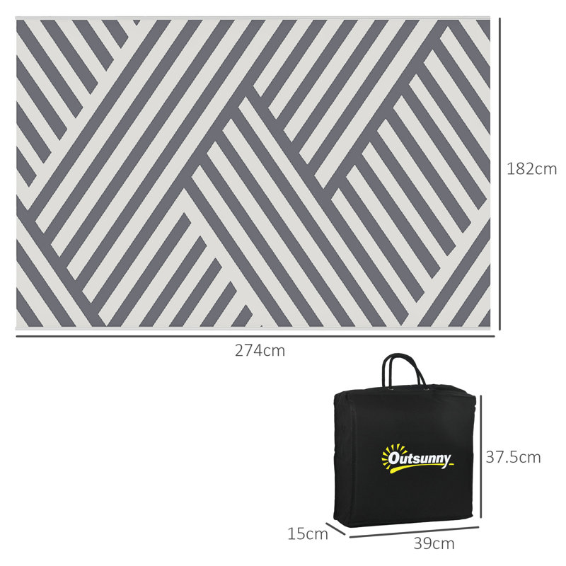 Geometric Reversible Outdoor Rug w/Carry Bag, 182 x 274cm, Grey & Cream