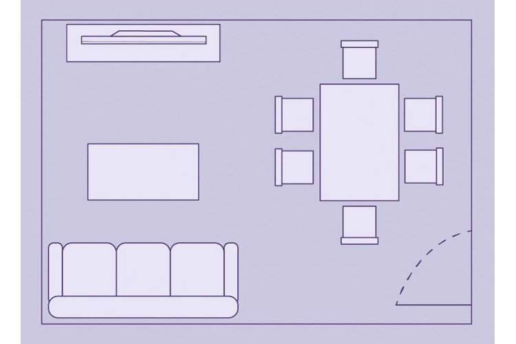 small living room layout with a rectangular dining table beside the sofa