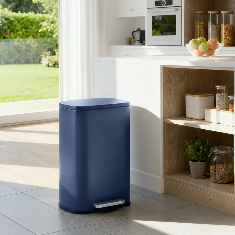 Stainless Steel Step On Fingerprint-resistant Trash Can with Back Handle, 13 Gal, Midnight Blue