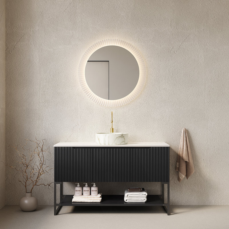 Meuble-lavabo autoportant de 48 pouces avec lavabo, 3 portes, tablette ouverte et plateau en pierre frittée durable